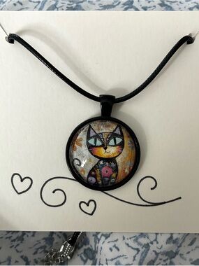 Whimsical Black Cat Pendant Necklace - Colorful Cat Art Charm